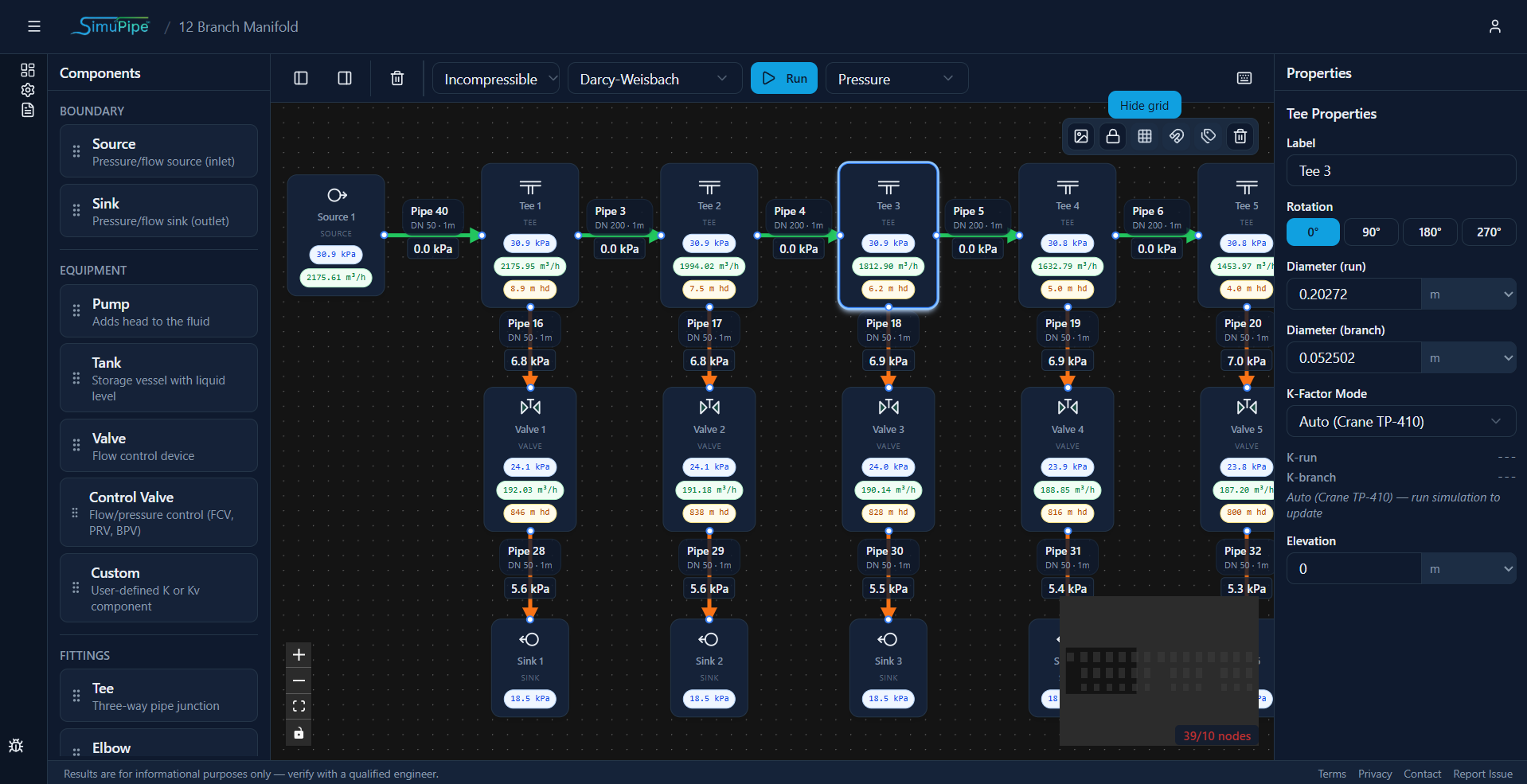 SimuPipe editor with valve properties panel showing IEC 60534 parameters